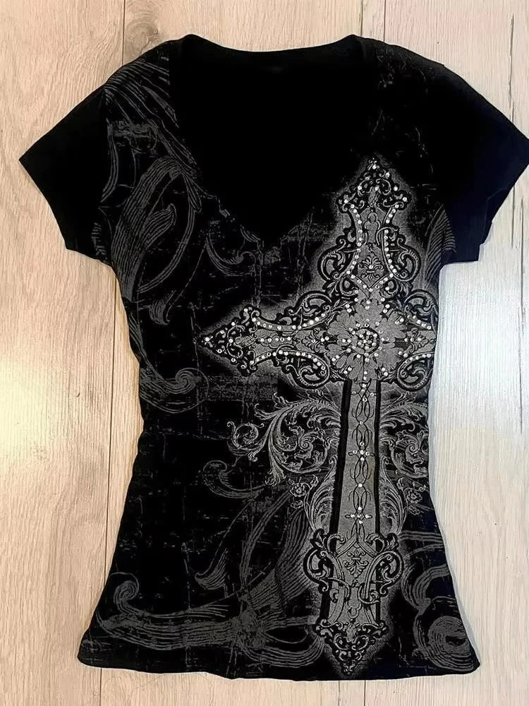 Y2K Kleidung T-Shirts Buchstaben Gothic Damen Y2K Crop Top Sexy Slim Shirt Punk Totenkopf Grafik Tees Sweet Harajuku Korea Girl Punk