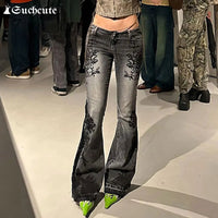 SUCHCUTE Vintage Plant Printed Flared Jeans Y2K - DRACO COUTURE