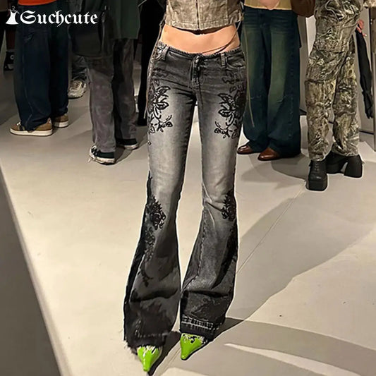 SUCHCUTE Vintage Plant Printed Flared Jeans Y2K - DRACO COUTURE