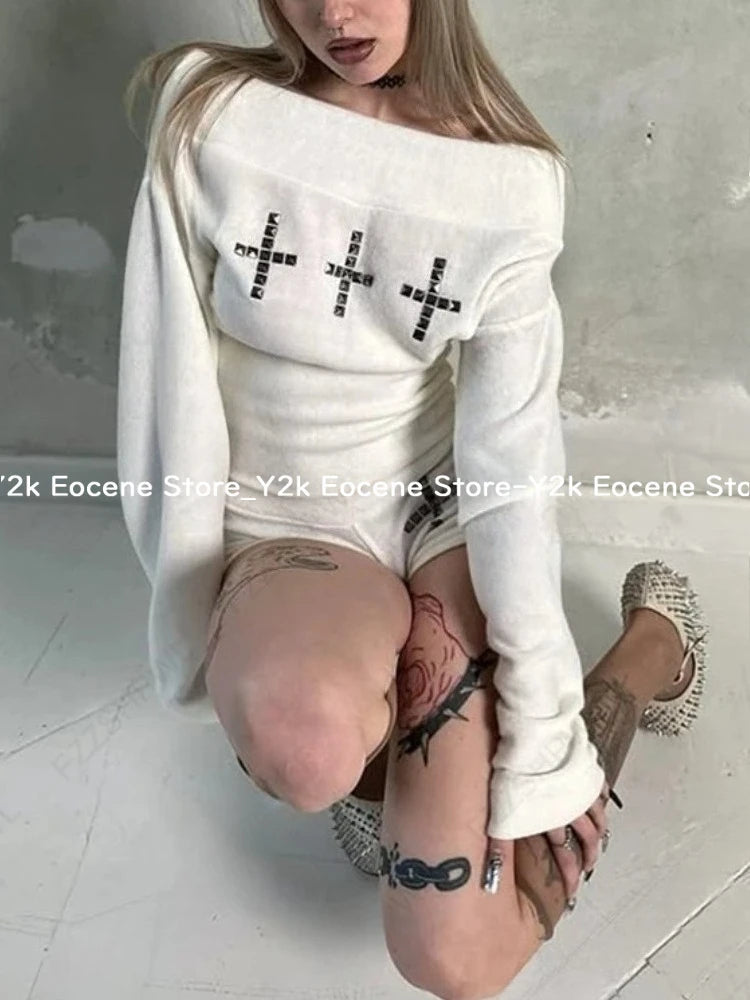 Goth Aesthetic Long Sleeve Two Piece Set Women Off Shoulder Top + Sexy Slim Shorts Y2K Cross Harajuku E-Girls Streetwear Outfit DRACO COUTURE