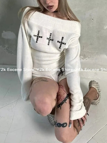 Goth Aesthetic Long Sleeve Two Piece Set Women Off Shoulder Top + Sexy Slim Shorts Y2K Cross Harajuku E-Girls Streetwear Outfit DRACO COUTURE