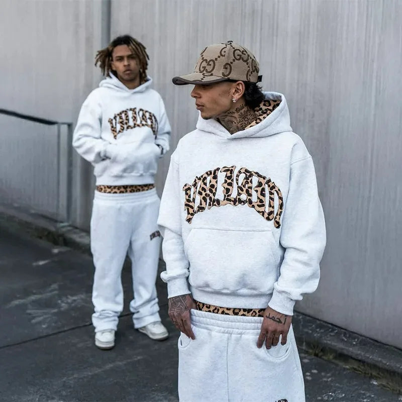 3-teiliges Sportbekleidungsset Y2K für Damen und Herren im Retro-Stil mit Leopardenmuster und Patchwork-Design, amerikanische Streetwear, Unisex, lässig-kastenförmig, Paar-Bekleidung