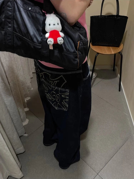 Y2K Embroidered Wide-Leg Jeans – Black High Waist