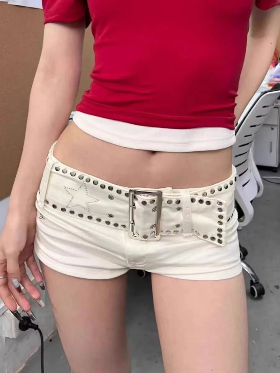 Sexy Riveted Denim Shorts Women's Summer Strap Chain Hot Pants Y2k White Shorts DRACO COUTURE