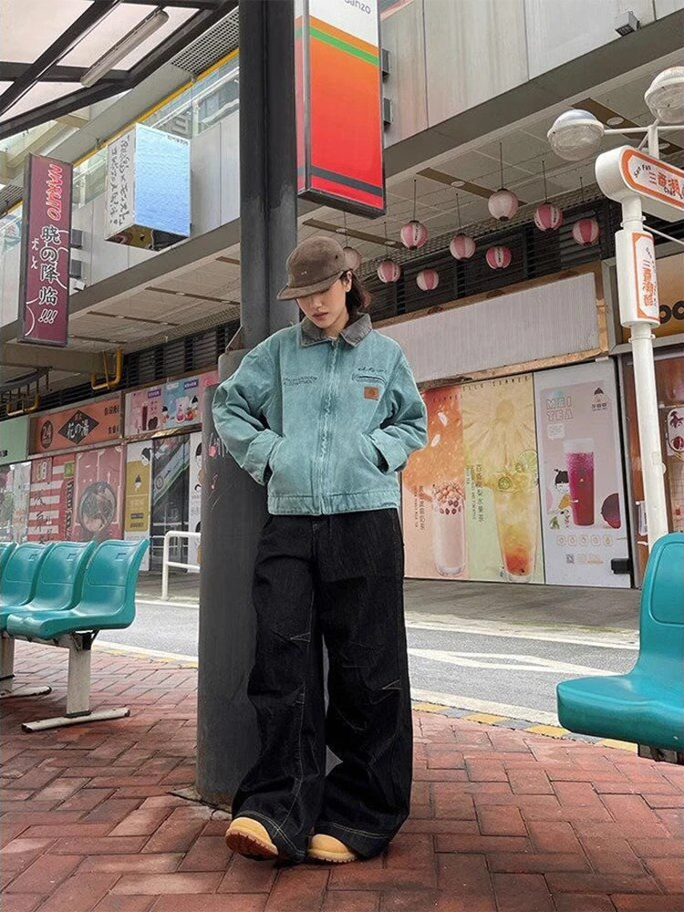 Y2K bestickte Wide-Leg-Jeans – Schwarz, hoher Bund