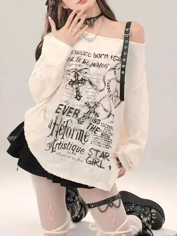 Y2k Gothic Grunge Dark Hollow Out T Shirt Women - DRACO COUTURE