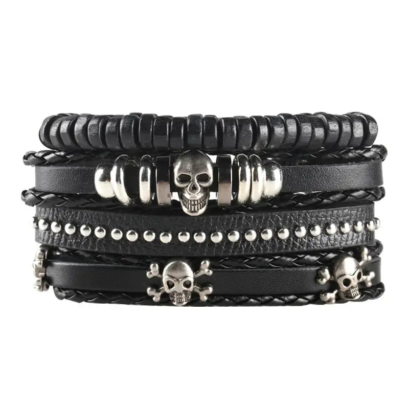 4/5/6pcs Evil Eye Wing Star Skull Diy Braided Punk Style Bracelet Set, Featuring Pu Leather And Beads Bracelet - DRACO COUTURE
