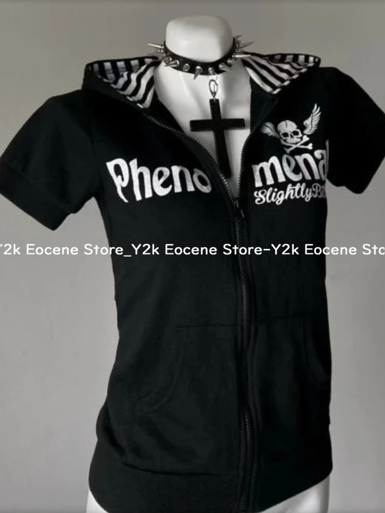 Y2K Subculture Skull Print Zip Cardigan Short Sleeve Women Japan Slim Fit Striped Hoodie Casual Tops Fashion Streetwear Clothes DRACO COUTURE