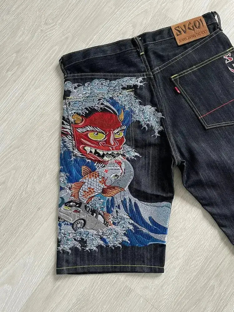 Streetwear Japanese Denim Shorts Y2K Jeans Mens Womens Harajuku Hip Hop Cartoon Baggy Shorts High Waist Casual Shorts - DRACO COUTURE