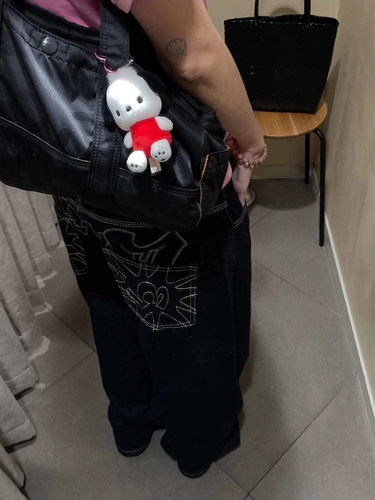 Y2K bestickte Wide-Leg-Jeans – Schwarz, hoher Bund