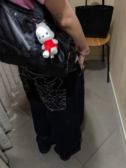 Y2K Embroidered Wide-Leg Jeans – Black High Waist