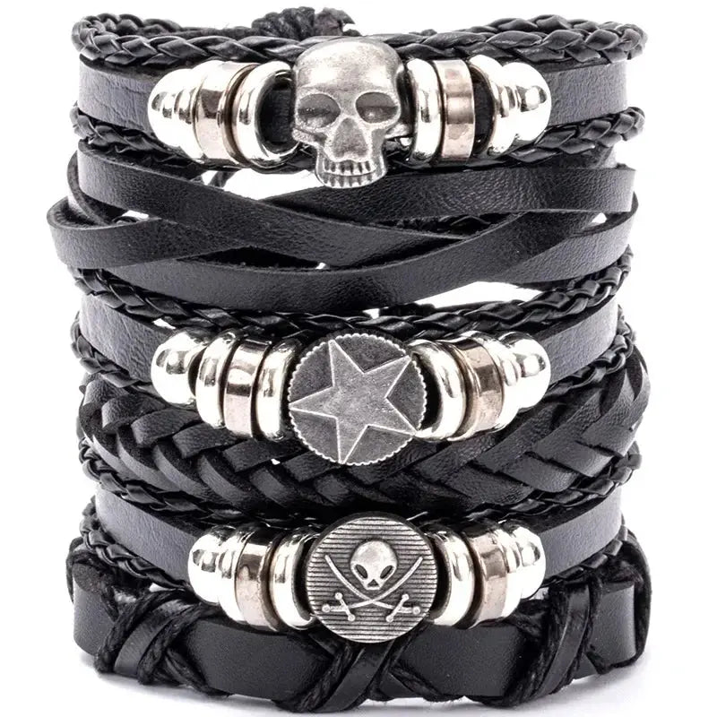4/5/6pcs Evil Eye Wing Star Skull Diy Braided Punk Style Bracelet Set, Featuring Pu Leather And Beads Bracelet - DRACO COUTURE