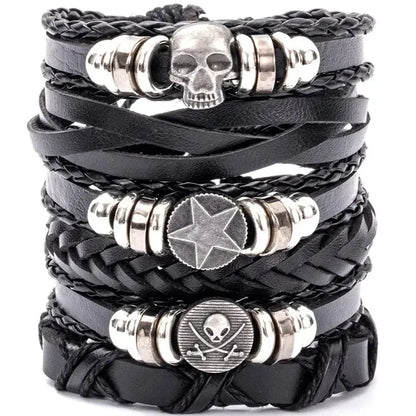 4/5/6pcs Evil Eye Wing Star Skull Diy Braided Punk Style Bracelet Set, Featuring Pu Leather And Beads Bracelet - DRACO COUTURE