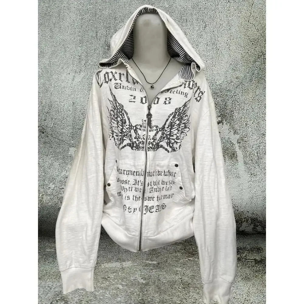 Vintage Sweatshirts 2025 Women's Clothes White Print Tunic Hooded Y2k Coat Streetwear Fashion Casual Hoodies Tops Ropa Mujer