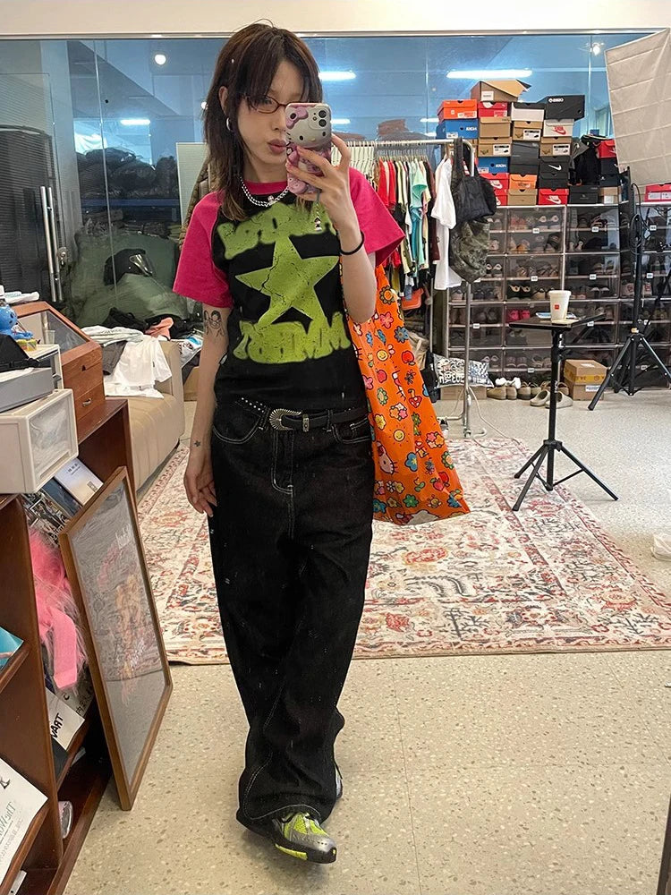 Y2K bestickte Wide-Leg-Jeans – Schwarz, hoher Bund