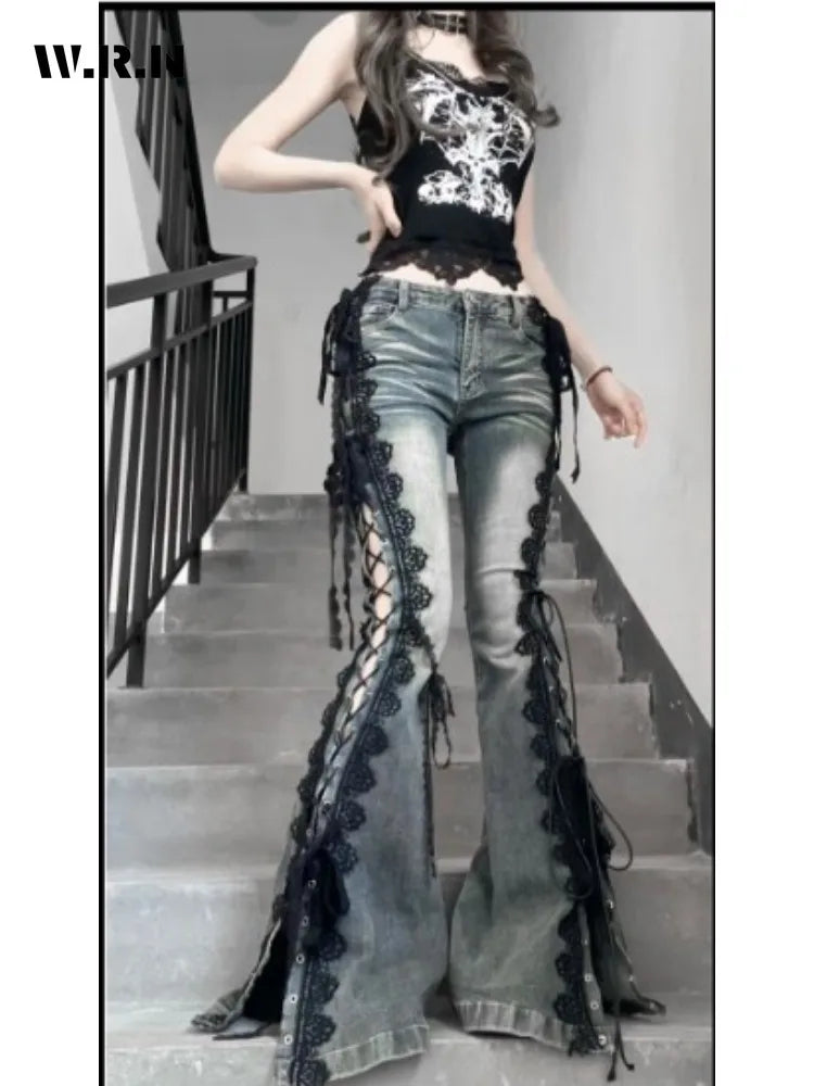 Y2K Lace Up Flare Jeans