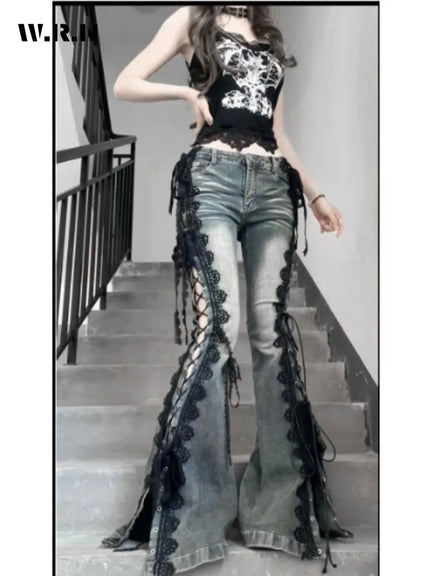 Y2K Lace Up Flare Jeans