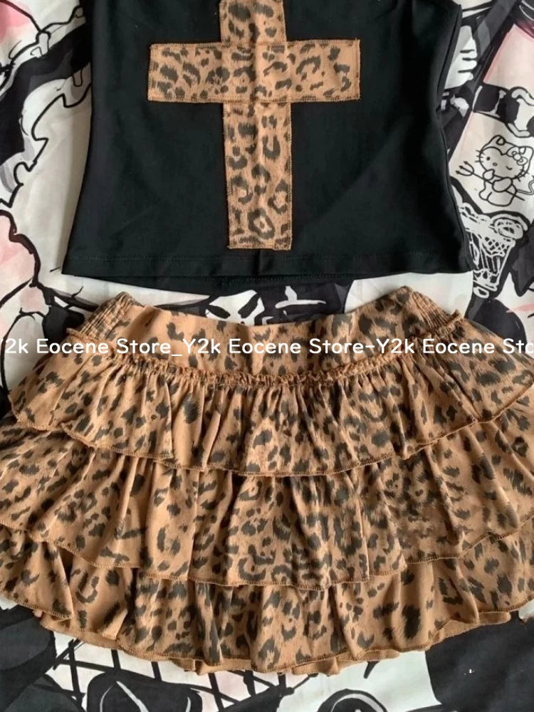 2000s Aesthetic Sexy Leopard Two Piece Set E-gilr Y2k Hoodie Tank Tops + Brown Print Cake Skirt Suit Retro Sleeveless Outfit New DRACO COUTURE