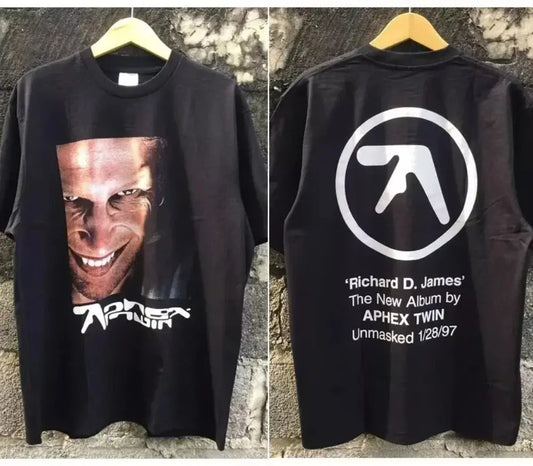 Aphex Twin Big Face: Basic Black Double-sided T-shirt Printed Men's and Women's Casual Short-sleeved Shirts in The 1990s - DRACO COUTURE