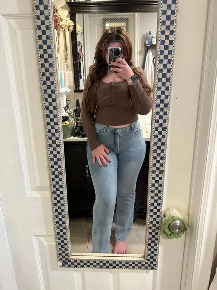 Damen Schlagjeans, Stretch, Mustache-Jeans, modische Skinny-Jeans mit hohem Bund, graue Denim-Hose, klassische Y2K-Punk-Langhose