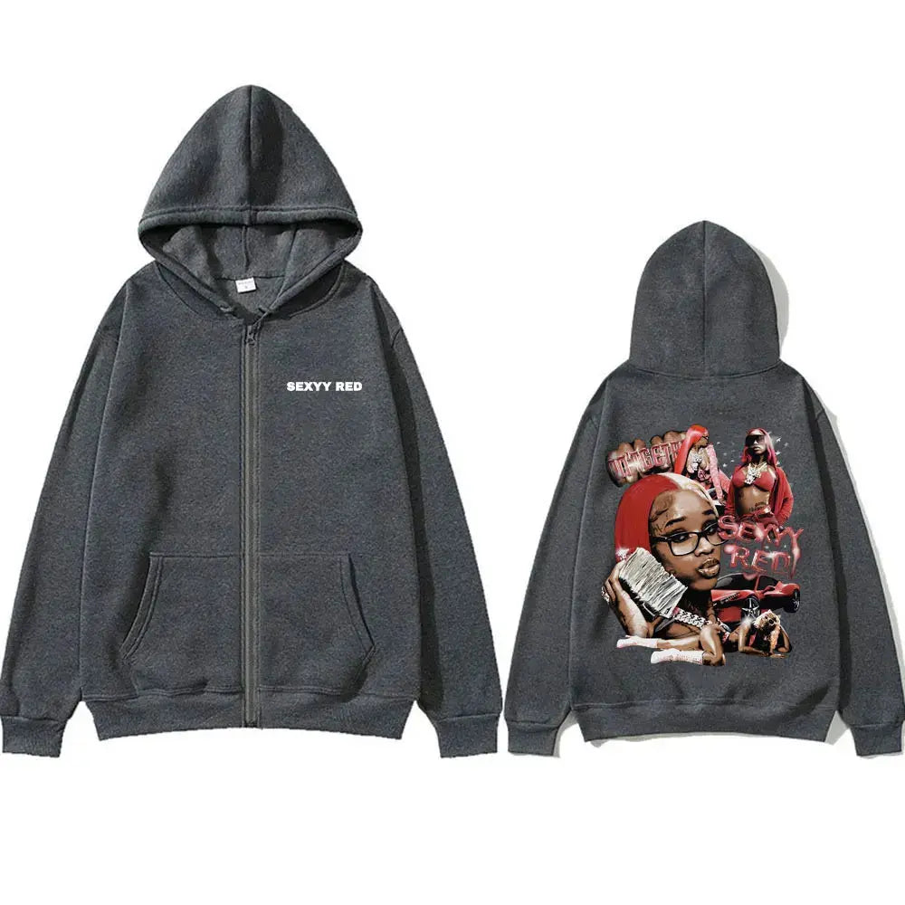 Rapper Sexyy Red Zipper Hoodie Men Women Fashion Hip Hop Vintage Zip Up Jacket Unisex Fleece Casual Oversized Zip Up Sweatshirt - DRACO COUTURE