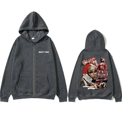 Rapper Sexyy Red Zipper Hoodie Men Women Fashion Hip Hop Vintage Zip Up Jacket Unisex Fleece Casual Oversized Zip Up Sweatshirt - DRACO COUTURE