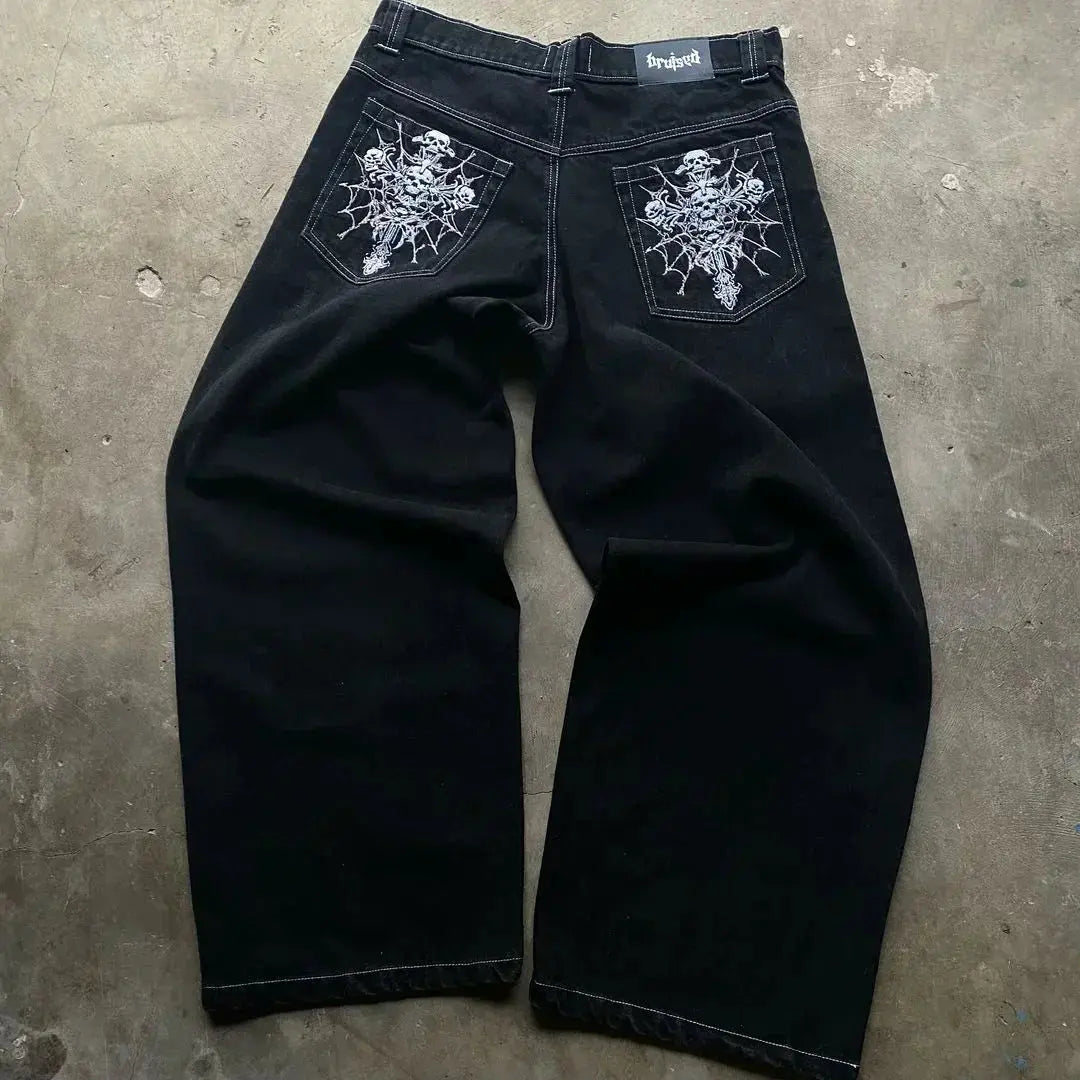Fashion Gothic Design American Pocket Letters Wings Embroidered Jeans Women's Y2k Style Retro Wash Loose High Waist Leggings - DRACO COUTURE
