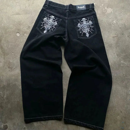Fashion Gothic Design American Pocket Letters Wings Embroidered Jeans Women's Y2k Style Retro Wash Loose High Waist Leggings - DRACO COUTURE