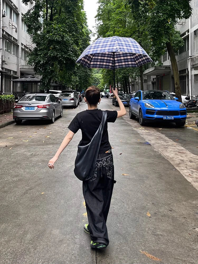 Y2K bestickte Wide-Leg-Jeans – Schwarz, hoher Bund