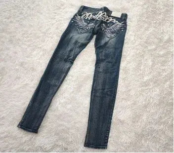 Fashion Gothic Design American Pocket Letters Wings Embroidered Jeans Women's Y2k Style Retro Wash Loose High Waist Leggings - DRACO COUTURE
