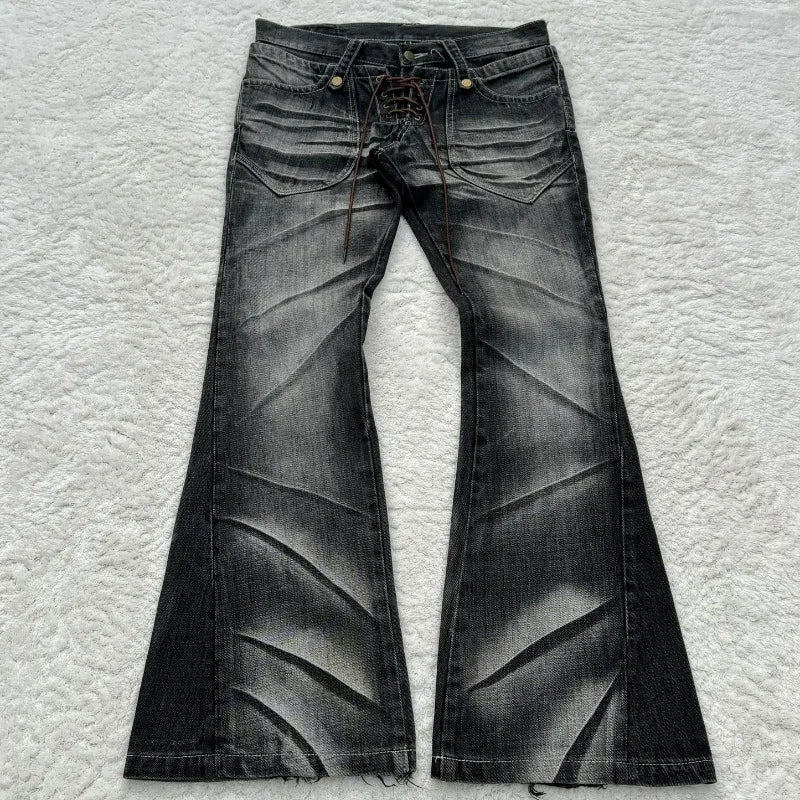 Y2K Schlagjeans mit Schnürung, Retro-Look, gewaschene Pfotenabdrücke, doppelter Bund, Slim Fit, Herrenjeans, Gothic-Stil, High Street Wear, Unisex-Bootcut-Jeans