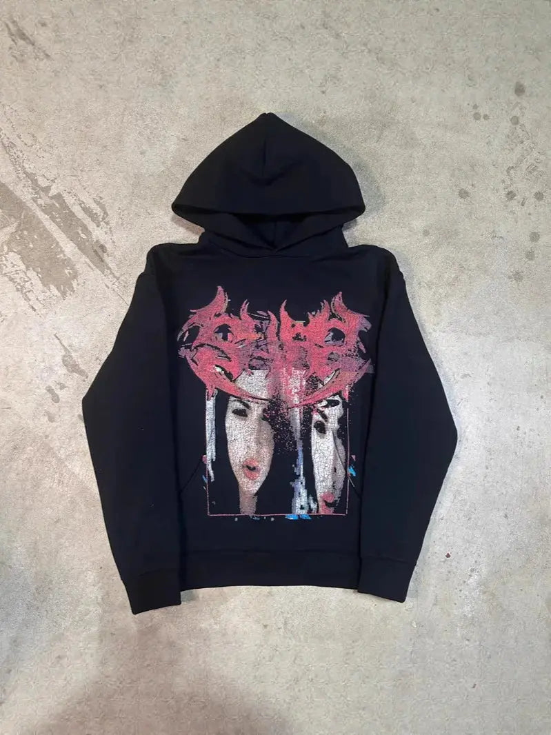 New 2025 Autumn And Winter Aesthetic y2k Dark Style Print Gothic Retro Street Punk Personality Casual emo Girl Hooded Sweatshirt - DRACO COUTURE