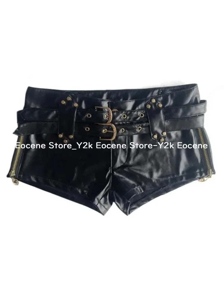 Vintage Sexy Low Slim Waist Pu Pants Retro Leather Belt Ultra Casual Shorts Boots Women Bodycon High Street Chic Summer Y2k New DRACO COUTURE