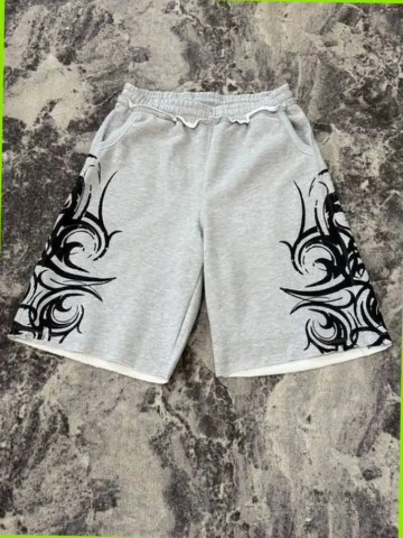 90s Harajuku Print Casual Men Women Geometric Graffiti Shorts Y2K High Waist Baggy Hip Hop Pure Cotton Sports Wide Leg Shorts - DRACO COUTURE