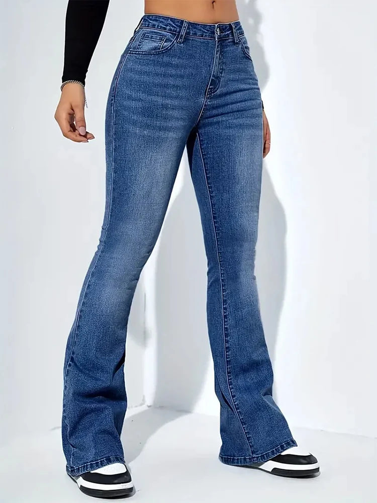 Damen Schlagjeans, Stretch, Mustache-Jeans, modische Skinny-Jeans mit hohem Bund, graue Denim-Hose, klassische Y2K-Punk-Langhose