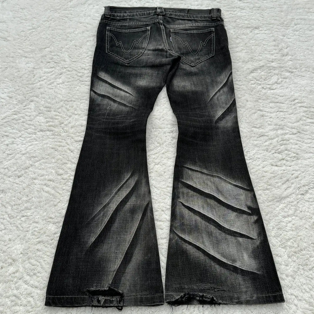 Y2K Schlagjeans mit Schnürung, Retro-Look, gewaschene Pfotenabdrücke, doppelter Bund, Slim Fit, Herrenjeans, Gothic-Stil, High Street Wear, Unisex-Bootcut-Jeans