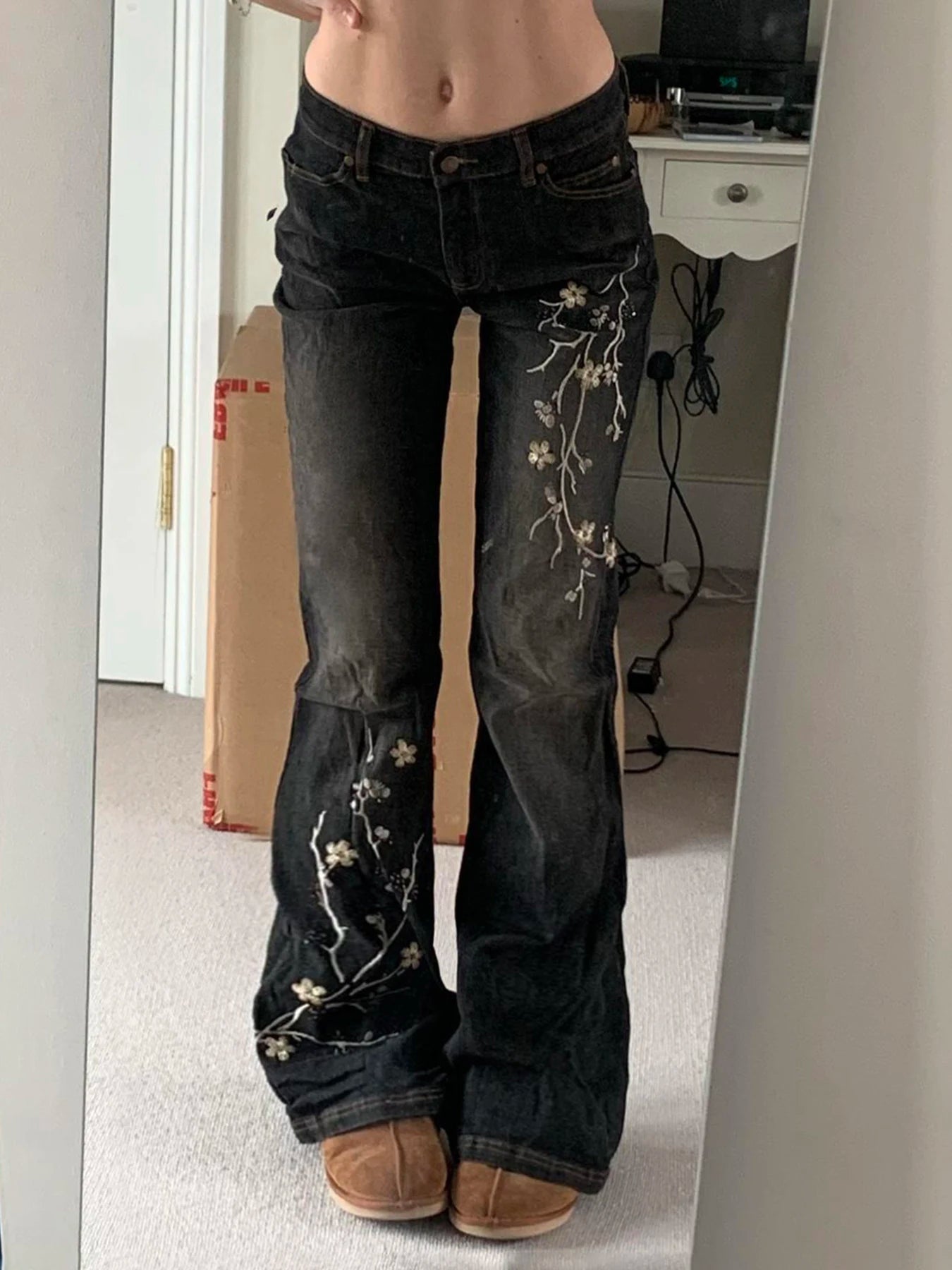 Weekeep Floral Embroidery Jeans Vintage 2000s