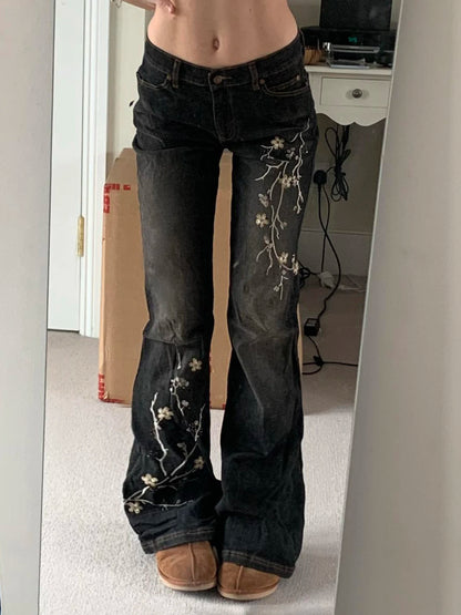 Weekeep Floral Embroidery Jeans Vintage 2000s