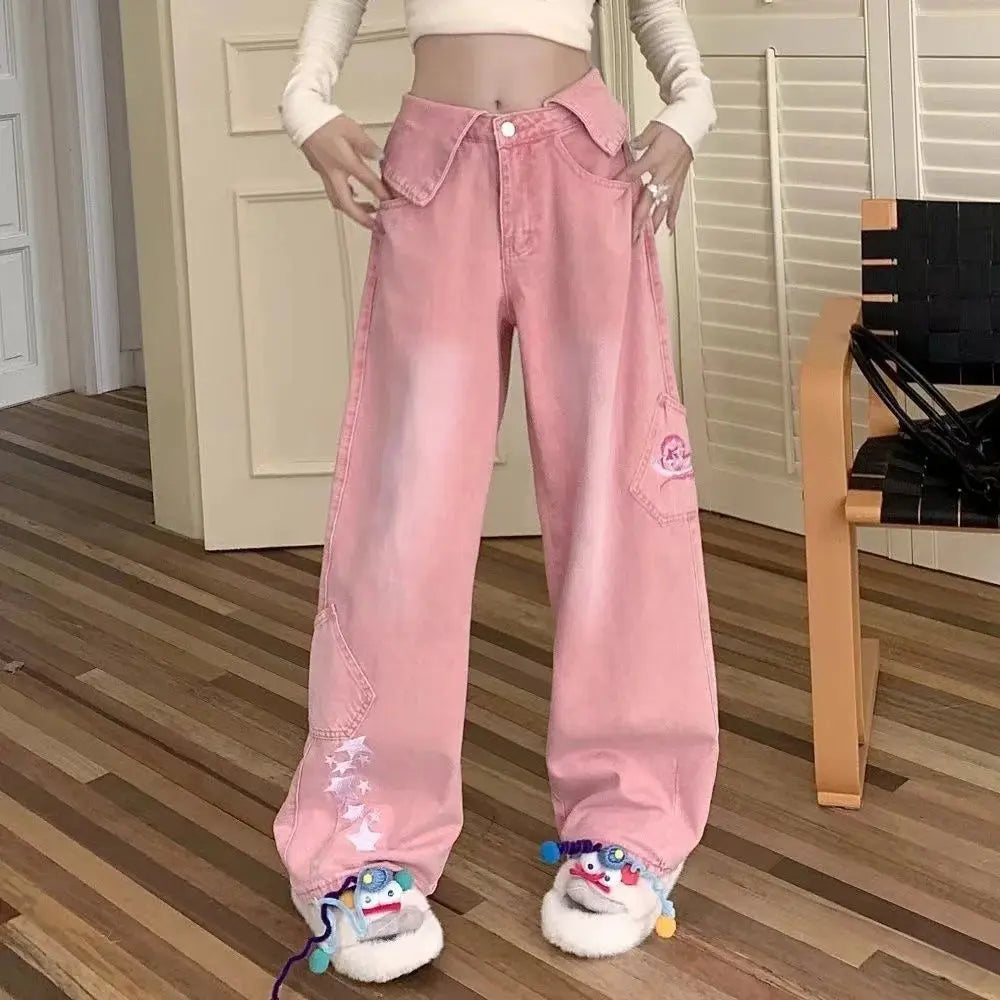 Street Pink Embroidered Jeans - DRACO COUTURE