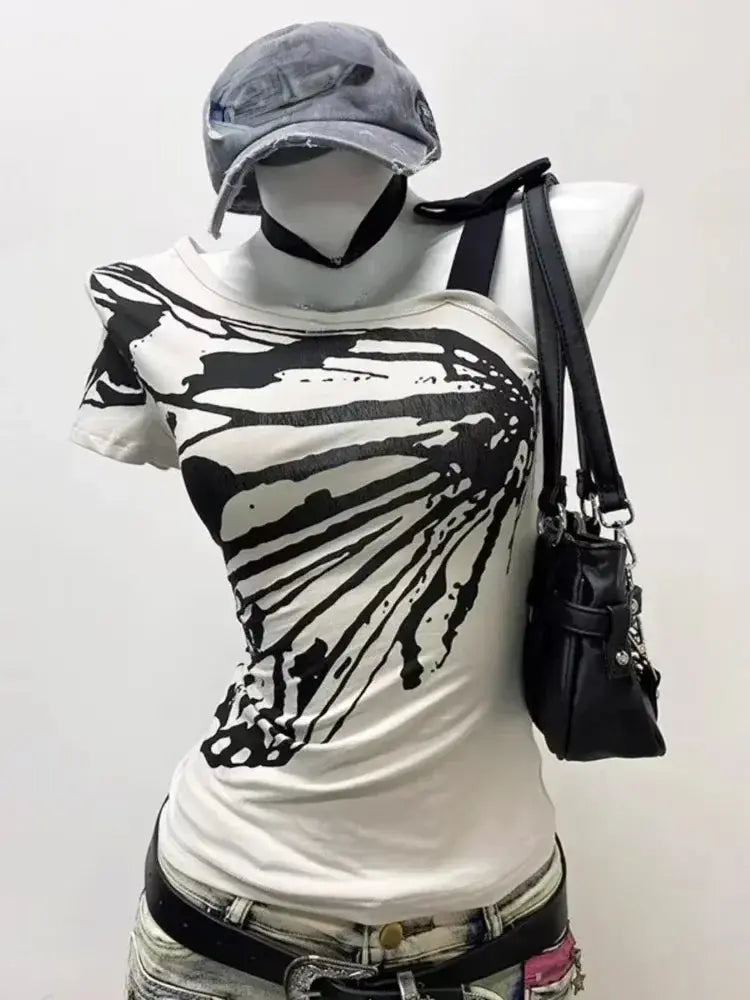 2024 Summer Sexy One Shoulder Design Y2k Vintage T-Shirts - DRACO COUTURE