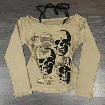 Long Sleeve Print T-Shirts Women Slash Neck - DRACO COUTURE