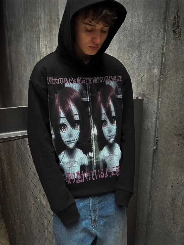 New 2025 Autumn And Winter Aesthetic y2k Dark Style Print Gothic Retro Street Punk Personality Casual emo Girl Hooded Sweatshirt - DRACO COUTURE