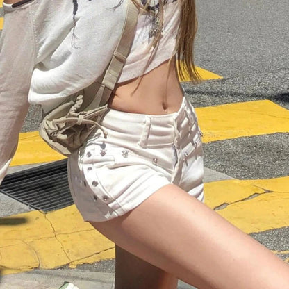 American Plus Size Distressed Dirty Dye Jeans Women 2025 Spring Babes Chain Splicing Ultra Shorts 2000s Grunge Casual Outfits DRACO COUTURE