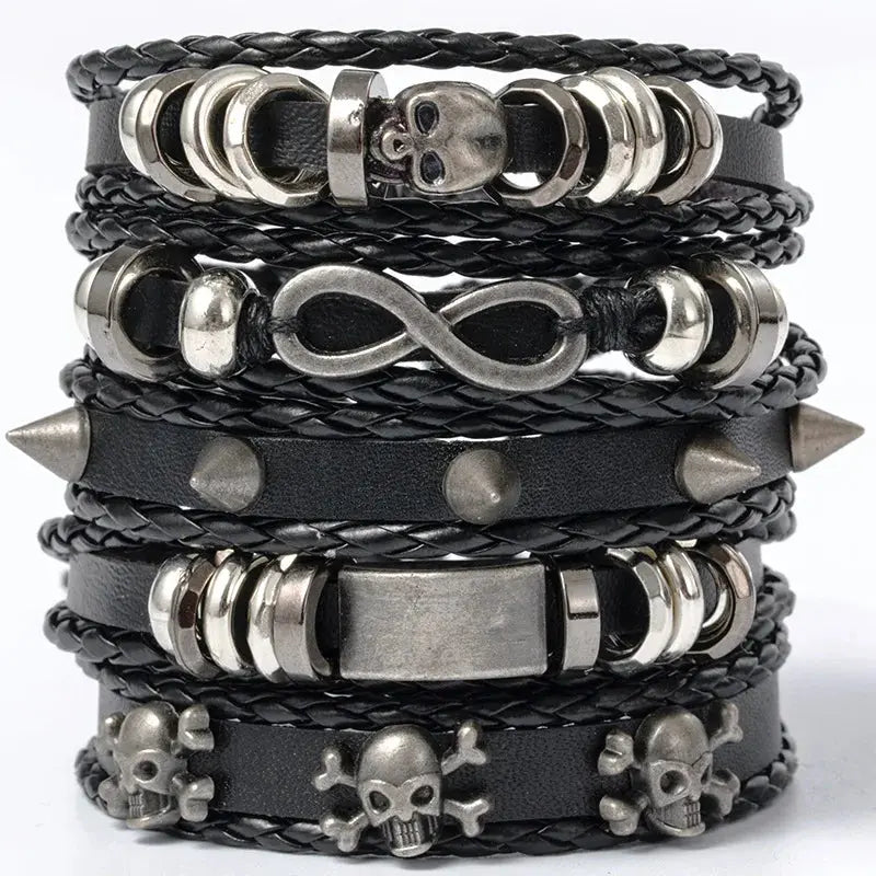 4/5/6pcs Evil Eye Wing Star Skull Diy Braided Punk Style Bracelet Set, Featuring Pu Leather And Beads Bracelet - DRACO COUTURE