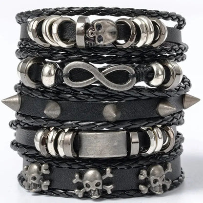 4/5/6pcs Evil Eye Wing Star Skull Diy Braided Punk Style Bracelet Set, Featuring Pu Leather And Beads Bracelet - DRACO COUTURE