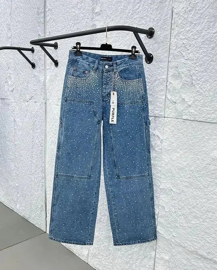 Harajuku Hip Hop Streetwear Hip Hop Rhinestone Sequin Jeans Y2K Clothes Mens Womens Baggy Jeans Low Waist Wide Leg Trousers - DRACO COUTURE