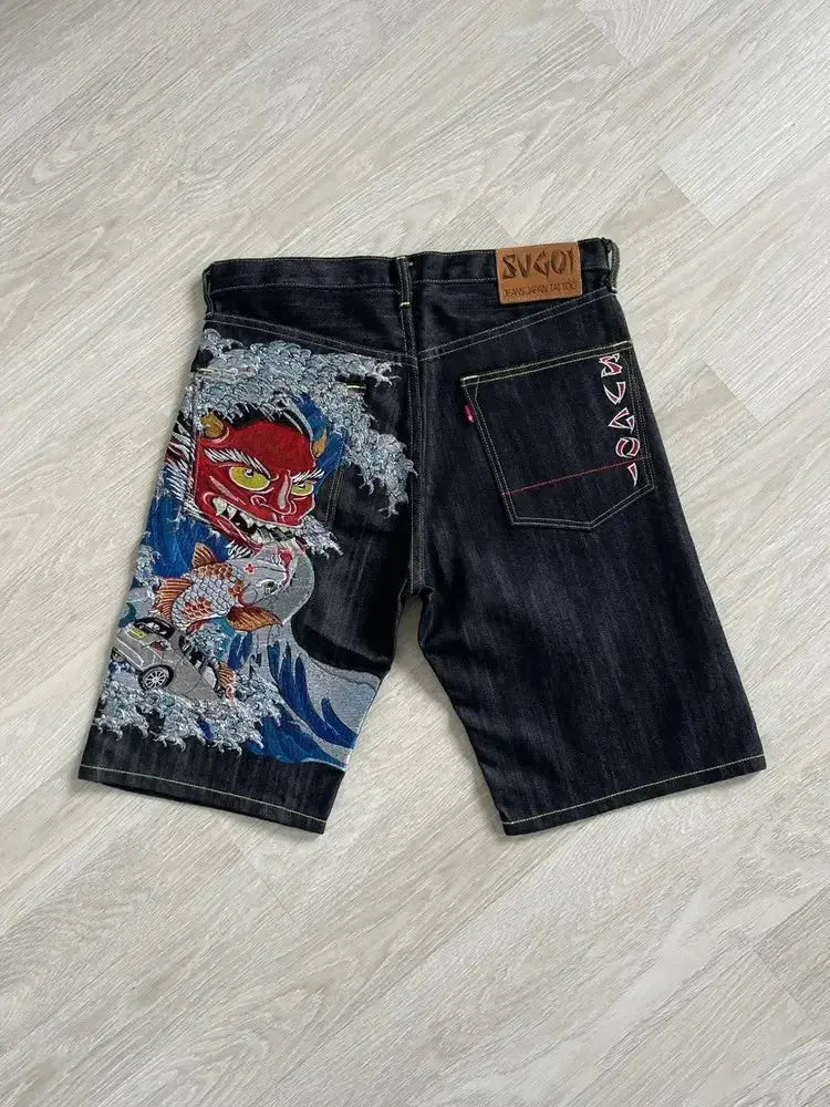 Streetwear Japanese Denim Shorts Y2K Jeans Mens Womens Harajuku Hip Hop Cartoon Baggy Shorts High Waist Casual Shorts - DRACO COUTURE