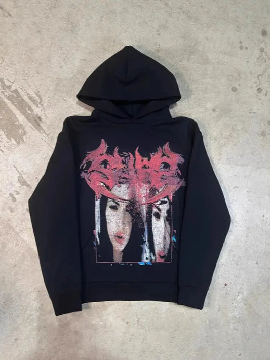 New 2025 Autumn And Winter Aesthetic y2k Dark Style Print Gothic Retro Street Punk Personality Casual emo Girl Hooded Sweatshirt - DRACO COUTURE