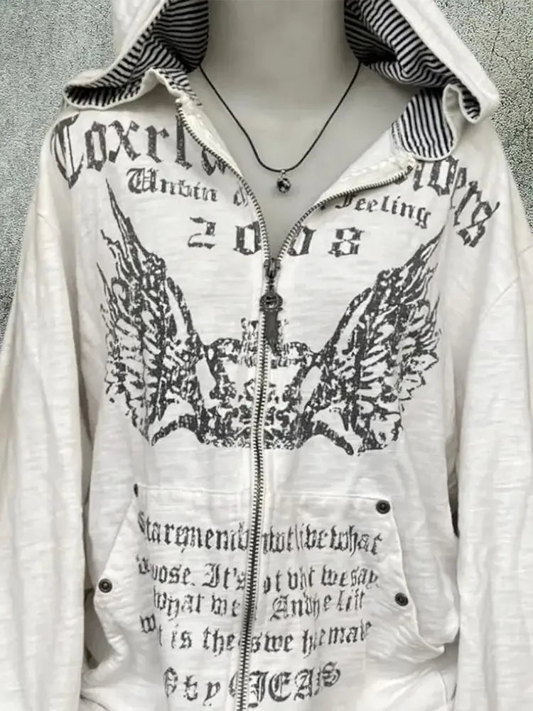 Vintage Sweatshirts 2025 Damenbekleidung Weißer Print Tunika Kapuzenmantel Y2K Streetwear Mode Casual Hoodies Tops Ropa Mujer
