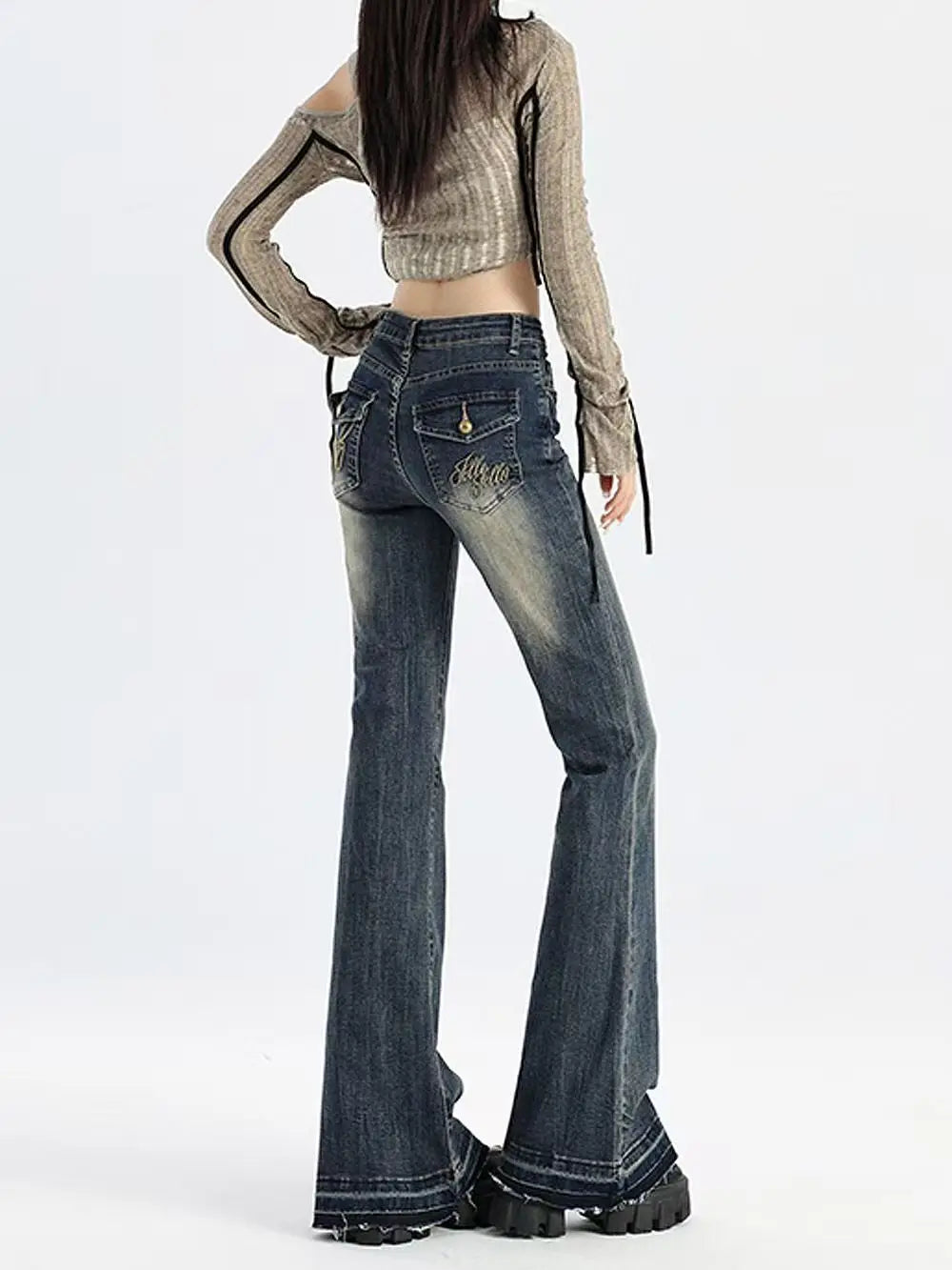 American High Street Spicy Girls Low Waist Jeans Damen Herbst Vintage Y2k Design Sense Slim Fit Straight Tube Micro Flare Pants
